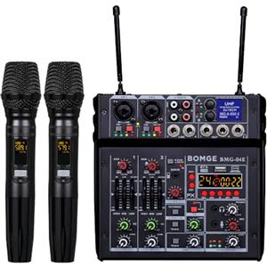 BOMGE Mixer audio karaoke 04E, mixer a 4 canali con doppio microfono wireless UHF, console audio MP3, Bluetooth 48 V, alimentazione phantom, interfaccia audio USB, mixaggio per DJ per feste, computer,
