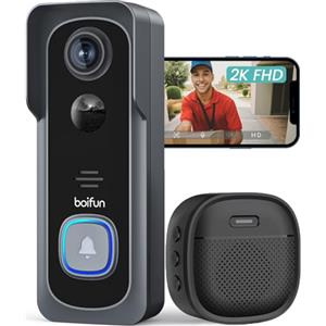 BOIFUN Videocitofono Wifi 2K UHD Campanello Senza Fili da Esterno con Suoneria e Allarme Immediato, 166°Angolo Visuale, Rilevamento Umano PIR, Audio Bidirezionale, Batteria 6700mAh, IP66, 2.4Ghz