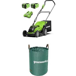 Greenworks 40V Tagliaerba a Batteria, Ampiezza di Taglio 35cm, Sacca da 40L CON Due Batterie 40V 2Ah e 1 Caricabatterie- G40LM35K2X + Greenworks Tools Sacco da giardinaggio da 120l