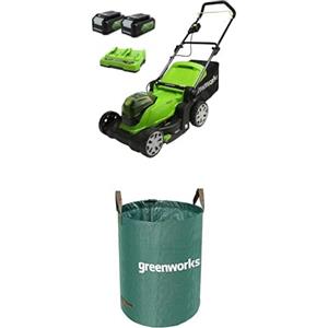 Greenworks G24X2LM41K4X Tagliaerba a Batteria, Ampiezza di Taglio 41cm, Sacca da 50L CON Due Batterie 2 x 24V (Pari a 48V) 4Ah e Caricabatterie Gemellare + Greenworks Sacco da giardinaggio da 120l