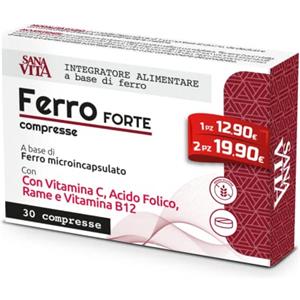 Paladin Pharma Sanavita Ferro Forte Integratore Alimentare con Ferro Alto dosaggio, Vitamina C, Rame, Acido Folido e Vitamina B12 Alo Dosaggio - 30 compresse