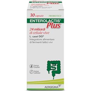 Enterolactis Plus Capsule, Integratore Alimentare di Fermenti Lattici Vivi L,Casei DG, 24 Miliardi di Cellule Vive, Senza Glutine e Lattosio, 30 Capsule