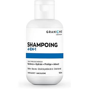 Granions Shampoo 4 in 1 Tutti i Tipi di Capelli Formato Viaggio, Rafforza, Idrata, Protegge, Ammorbidisce, Biotina, Aloe Vera, Estratto di Proteine del Riso, Estratto di Miele,100 ml