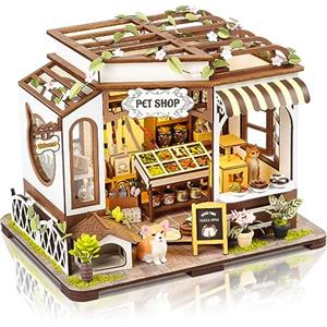 Cuteefun Kit Casa in Miniatura da Costruire, Miniature Casa delle Bambole Fai da Te con Mobili Copertura e Strumenti Natale Halloween Regalo di Compleanno Negozio di Animali Domestici