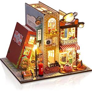 Cuteefun Miniatura Casa delle Bambole con Mobili, Kit Casa Bambole in Legno 3D con Musica, Decorazione per La Casa, Regalo di Compleanno Natale (Libro & caffè)