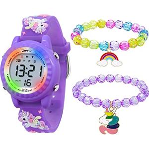 HMJIA Orologio da polso 3D, per bambini, ragazzi e ragazze, impermeabile fino a 3 ATM, con sveglia/data/cronometro/LED (LED Unicorno Viola)