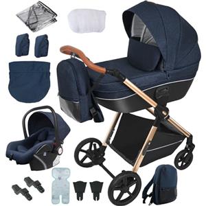 Reenborn Passeggino Trio, Passeggino 3 in 1 con Due Modi Reversibili Spingere, Trio con Telaio Alluminio Paesaggistico Alto, Trio Passeggino Neonati con Design Pieghevole in Un Clic (H2 Blue)