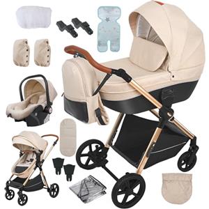 Reenborn Passeggino 4 in 1, Passeggino Trio con Due Modi Reversibili Spingere, Trio con Telaio Alluminio Paesaggistico Alto, Trio Passeggino Neonati con Design Pieghevole in Un Clic (H2 Yellowish)