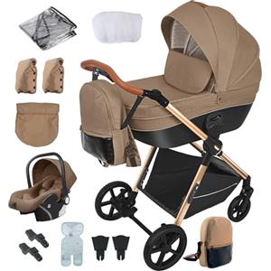 Reenborn Passeggino Trio, Passeggino 3 in 1 con Due Modi Reversibili Spingere, Trio con Telaio Alluminio Paesaggistico Alto, Trio Passeggino Neonati con Design Pieghevole in Un Clic (H2 Khaki)