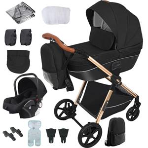 Reenborn Passeggino Trio, Passeggino 3 in 1 con Due Modi Reversibili Spingere, Trio con Telaio Alluminio Paesaggistico Alto, Trio Passeggino Neonati con Design Pieghevole in Un Clic (H2 Black)