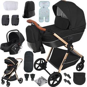 Reenborn Passeggino 4 in 1, Passeggino Trio con Due Modi Reversibili Spingere, Trio con Telaio Alluminio Paesaggistico Alto, Trio Passeggino Neonati con Design Pieghevole in Un Clic (H2 Black)