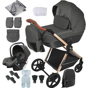 Reenborn Passeggino Trio, Passeggino 3 in 1 con Due Modi Reversibili Spingere, Trio con Telaio Alluminio Paesaggistico Alto, Trio Passeggino Neonati con Design Pieghevole in Un Clic (H2 Deep Grey)