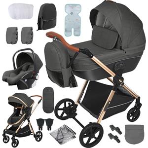 Reenborn Passeggino 4 in 1, Passeggino Trio con Due Modi Reversibili Spingere, Trio con Telaio Alluminio Paesaggistico Alto, Trio Passeggino Neonati con Design Pieghevole in Un Clic (H2 Deep Grey)