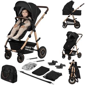 LIONELO Amber Passeggino 2in1 Duo Passeggino da 0 fino a 48 mesi con Seduta secchiello + Navicella per neonato e bambini a 22 kg Regolabile, pieghevole e leggero Ruote grandi Cappotina XXL (Nero, Big)