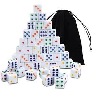 SLAKOZYT 50 Pezzi Dadi Bianchi a 6 Facce,16mm D6 dadi colorati in acrilico,6 Facce Game Dice a cubetti in acrilico con sacchetto a cubo nero,per Poker,Giochi da Tavolo, Giochi con Dadi e Matematici