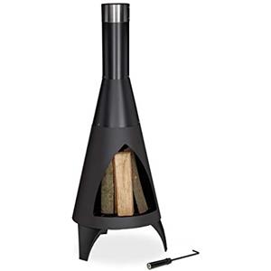 Relaxdays Stufa da Esterno con Attizzatoio, Caminetto Decorativo, da Giardino, a Legna, HxD 120 x 45 cm, Acciaio, Nera