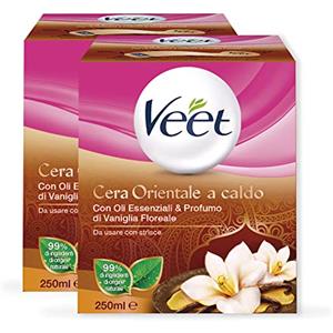 Veet Cera Depilatoria Orientale a Caldo, 250 ml di Cera con Oli Essenziali e 12 Strisce Riutilizzabili, Maxi formato, 2 confezioni