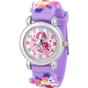 OFFCUP Orologio da Polso per Ragazzi e Ragazze, Orologio per Bambini Movimento al Quarzo, Orologio Educativo 3D Cartone Animato Cinturino in Silicone per bambini da 3 a 12 Anni -Unicorno Viola Chiaro