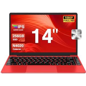 bvate - Computer portatile da 14 pollici, Win 11, Celeron N4020, 256GB, supporto estensione SSD 1TB, 1080P BT 4.2 Mini HDMI, Full Metal, mouse senza cavo, pellicola copri tastiera, rosso