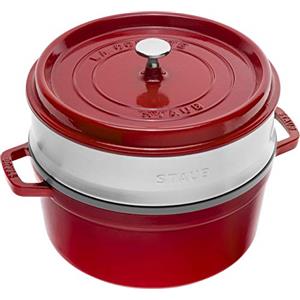 STAUB Casseruola/Cocotte in Ghisa, con Inserto per Cottura a Vapore, Tonda 26 cm, 5,2 litri, Interno della Pentola con Smaltatura Nera Opaca, Ciliegia