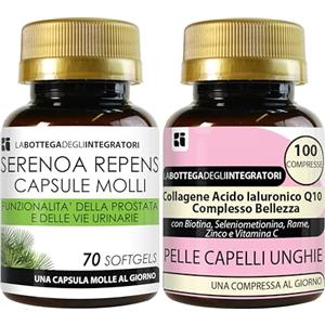 LABOTTEGADEGLIINTEGRATORI Set di Integratori Serenoa 70 Softgels + Collagene Acido Ialuronico Coenzima Q10 Complesso Bellezza con Biotina Zinco Selenio Metionina Rame Vitamina C 100 Compresse La Bottega Degli Integratori