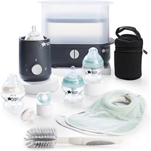 Tommee Tippee Closer to Nature - Set di alimentazione completo, sterilizzatore elettrico a vapore con borsa isolata, biberon per neonati e scaldabiberon Easy Warm, nero