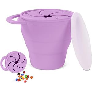 Vicloon Tazza per Spuntino, 350ML Contenitore Porta Snack in Silicone senza BPA, Feeding Cup con Maniglia, Contenitore Porta Snack per la Merenda Anti Rovesciamento con Copertura di Petali, Viola