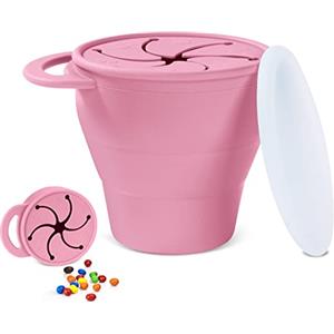 Vicloon Tazza per Spuntino, 350ML Contenitore Porta Snack in Silicone senza BPA, Feeding Cup con Maniglia, Contenitore Porta Snack per la Merenda Anti Rovesciamento con Copertura di Petali, Rosa