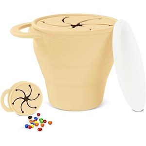 Vicloon Tazza per Spuntino, 350ML Contenitore Porta Snack in Silicone senza BPA, Feeding Cup con Maniglia, Contenitore Porta Snack per la Merenda Anti Rovesciamento con Copertura di Petali, Beige