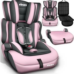 KIDUKU Seggiolino auto con coprisedile, cresce con il bambino, sedile, universale, approvato con la normativa ECE R129/03, 9-36 kg (1-12 anni), gruppo 1+2+3 (Grigi-/Rosa)