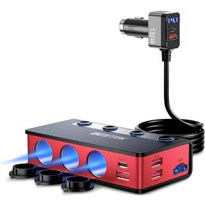BESTEK Caricabatteria Auto 180W, Caricatore Auto USB-C PD USB QC3.0, Adattatore per Accendisigari 12V/24V con 3 Prese & 6 Porte USB con Display LED per iPhone Dash Cam（Rosso）