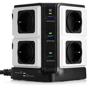 BESTEK Multipresa Ciabatta Elettrica Verticale, Torretta Multipresa a 8 Prese Schuko e 6 Porte USB, Multipresa Protezione Sovratensione con Interruttore Indipendente, 1500J Surge Protezione