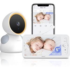 ARENTI Baby Monitor Video e Audio, 2K Telecamera Bambini con Monitor 5'', Rilevamento di Temperatura/Umidità e Suoni/Movimenti, Visione Notturna, Promemoria di Allattamento, Audio Bidirezionale