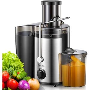 Reemix Elettrica Centrifuga Frutta e Verdura, Reemix Estrattore Frutta e Verdura Facile da Pulire, 65 MM Bocca Larga, Acciaio Inox, 2 Velocità, Spazzola & Ricetta (Black, 500W)