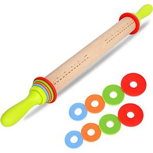 BYbrutek Mattarello Regolabile per Cottura al Forno, con 4 Distanziatori Rimovibili e Manico, Antiaderenti, in Legno di Faggio, 36 cm