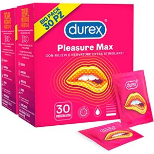 Durex 60 Preservativi DUREX Pleasure Max con Rilievi Stimolanti Forma Easy-On Realizzati in Lattice di Gomma Naturale Big Pack - 2 Scatole da 30 Profilattici