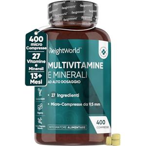 WeightWorld Multivitaminico Completo con 27 Vitamine e Minerali Essenziali, 400 Compresse Vegane alla Menta (1 Anno) Integratore Multivitaminico Uomo & Donna, Vitamine A, B, C, D3, E, Ferro, Zinco, Selenio, Iodio