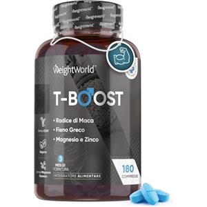 WeightWorld Testosterone Uomo, Massa Muscolare, 180 Compresse Vegane di T-Boost Testosterone, 4000mg di Maca Peruviana, Integratore Uomo con 12 Ingredienti di Origine Naturale, Vitamina C, D3, A, B6, B9, e B12