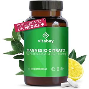 Vitabay Magnesio 200 mg - 180 Compresse con 1278 mg di Citrato di Magnesio Biodisponibile - Vegano, senza Additivi e ad Alto Dosaggio - Contiene 200 mg di Magnesio Elementare - Testata in Laboratorio