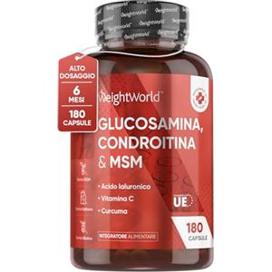 WeightWorld Glucosamina Condroitina con Vitamin C per Normale Formazione di Collagene per Ossa e Cartilagine, MSM Integratore, Vitamina C Acido Ascorbico, Acido Ialuronico, Curcuma, 180 Capsule (Scorta 6 Mesi)