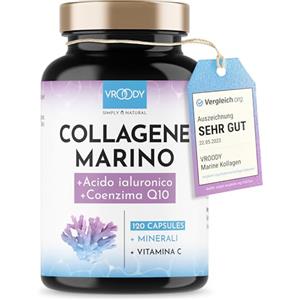 VROODY Collagene Marino con Acido Ialuronico, 1000mg Collagene Idrolizzato 120 capsule+Q10+Biotina+C+Zinco