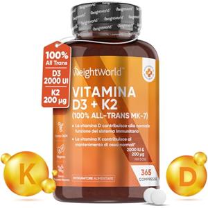 WeightWorld Vitamina D3 K2, Vitamina D 2000 UI + 200μg Vitamina K2 MK7, 365 Compresse Senza Magnesio Stearato, Vitamina D3 + Vitamina K2 100% All-Trans Biodisponibile, Sistema Immunitario, Ossa, Denti, Muscoli