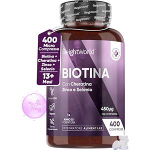 WeightWorld Biotina Capelli + Cheratina + Selenio + Zinco 400 Micro-Compresse (13+ Mesi) Vitamina B7 per Pelle, Unghie, Capelli, Biotina Integratore Alto Dosaggio + Zinco Selenio Cheratina Senza Magnesio Stearato