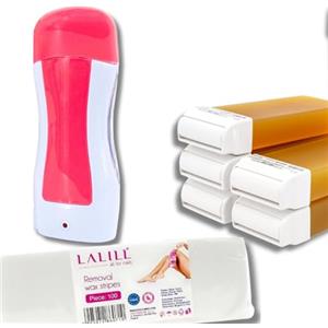 LALILL Waxing Set - Set di depilazione composto da: 100 Pezzi di Strisce in Pile per cera, Cartucce di cera da 100 ml x 6, Scaldacera per Cartucce di Cera (nero, blu, rosa)