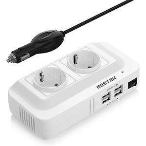 BESTEK 200W Inverter da Auto 12V-230V con 4 Porte Smart USB (4.2A Total) e 2 EU, Convertitore Tensione per Camper/Barca a Onda Sinusoidale Modificata con Multi Protezioni e Soft Start, Accendisigari