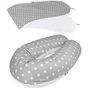 baby idea Babysanity® Cuscino Allattamento con 2 Federe Cotone 100% Oeko-Tex Lavabile e Sfoderabile Ottimo Per Dormire e Sostegno Corpo Mamma e Bambino Cotone 100% - Made In Italy - (Stella + Pois Grigio)