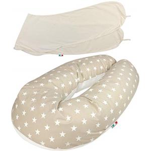 baby idea Babysanity® Cuscino Allattamento con 2 Federe Cotone 100% Oeko-Tex Lavabile e Sfoderabile Ottimo Per Dormire e Sostegno Corpo Mamma e Bambino Cotone 100% - Made In Italy - (Stella + Riga Beige)