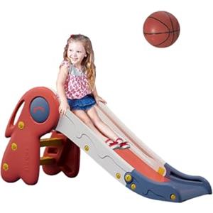 MAGIC SELECT Scivolo per Bambini, Scivolo Pieghevole per Bambini con Rampa Esterna e Interna per Giardino con Canestro da Basket, Scale Antiscivolo per Giochi, Multifunzione, Sicuro.Rosso