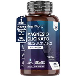 WeightWorld Magnesio Bisglicinato Capsule 1420mg con Vitamina B6, 180 Capsule (3 Mesi), Magnesio Glicinato Vegan di cui Magnesio Elementale 200mg per Stress, Affaticamento, Muscoli ed Equilibrio Elettrolitico