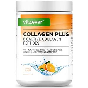 Vit4ever Collagen Plus - 500 g di polvere con MSM, glucosamina HCL, acido ialuronico, estratto di incenso - 100% peptidi idrolizzati di collagene bioattivo - collagene di tipo 1, 2 e 3 - Gusto Arancio
